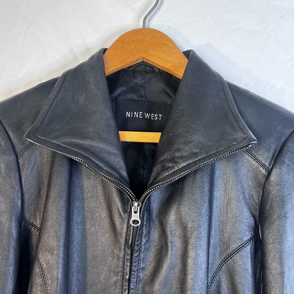 Nine West 100% Black Leather Jacket Full Zip Classic Leather Core Biker Sz Small - Picture 5 of 10